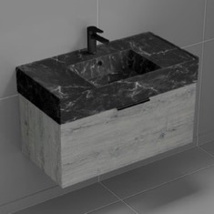 Floating Bathroom Vanity, Modern, 32 inch, Black Marble Style Sink